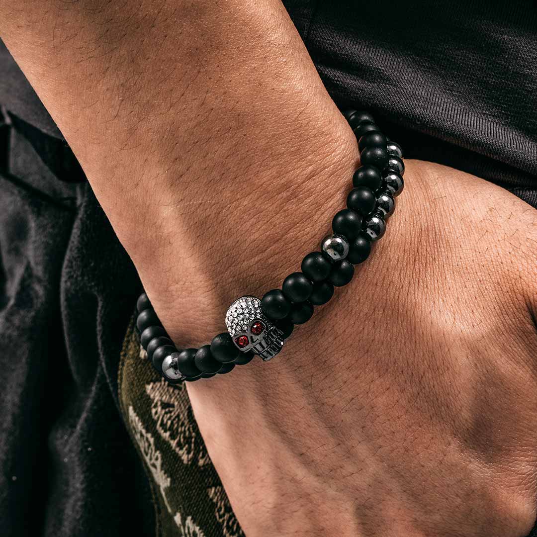 2pcs Black Frosted & Copper Beads Skull Bracelet With Street Luxury Shine - Image 4
