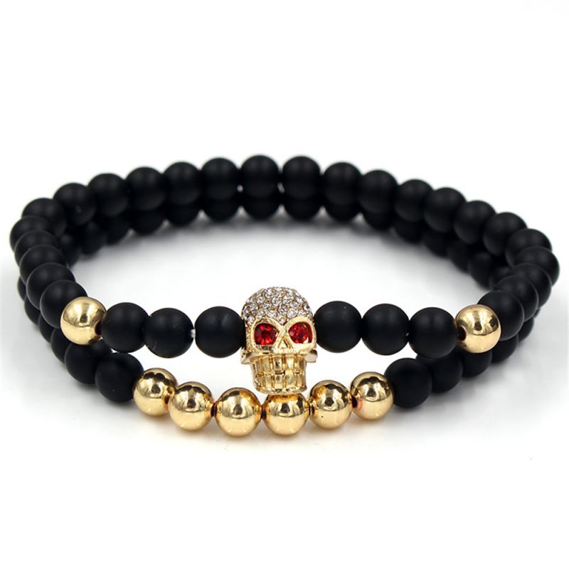 2pcs Black Frosted & Copper Beads Skull Bracelet With Street Luxury Shine - Image 6
