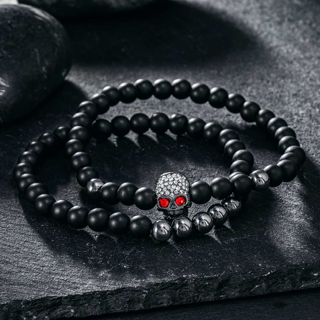 2pcs Black Frosted & Copper Beads Skull Bracelet With Street Luxury Shine