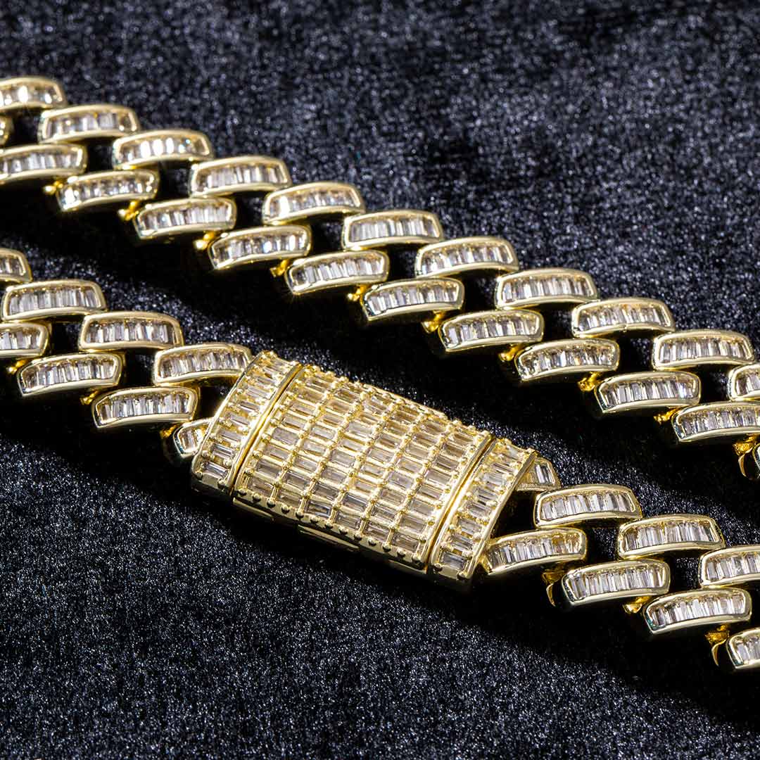 14mm Prong Baguette Cut Box Clasp Cuban Chain In Gold Iced Out - Image 3