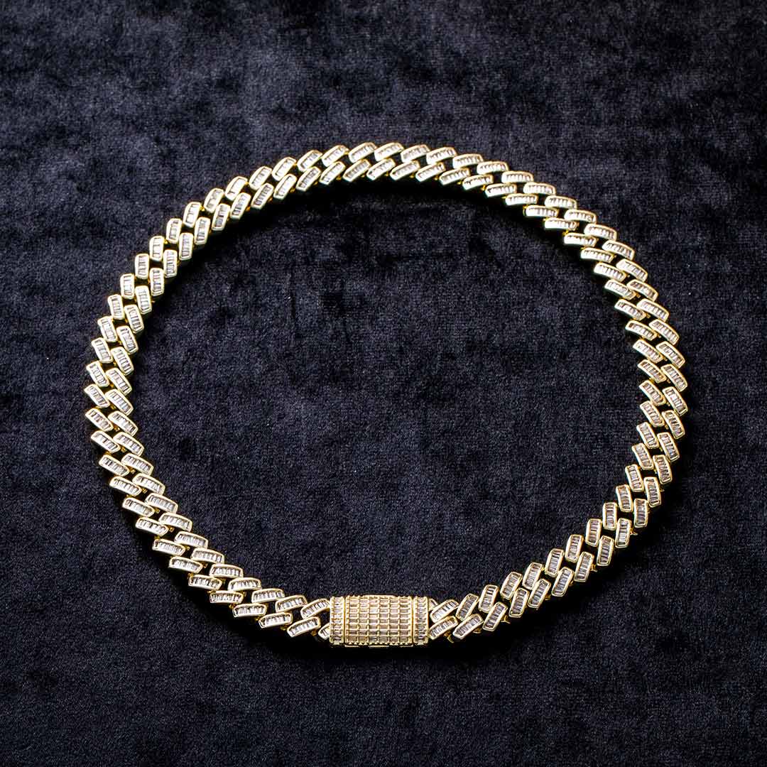 14mm Prong Baguette Cut Box Clasp Cuban Chain In Gold Iced Out - Image 4