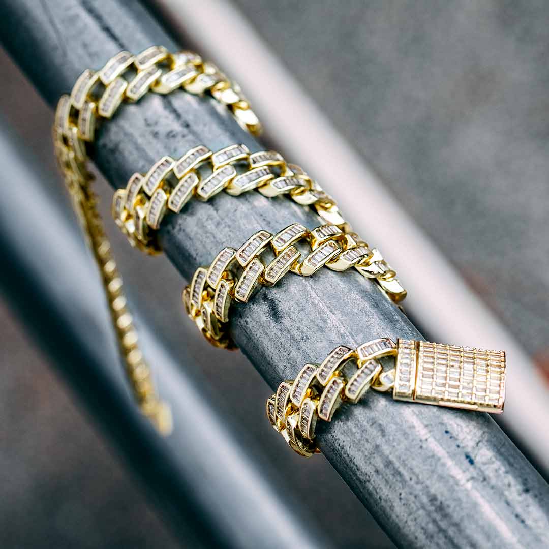 14mm Prong Baguette Cut Box Clasp Cuban Chain In Gold Iced Out - Image 6
