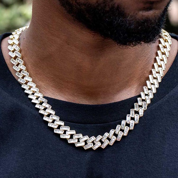 14mm Prong Baguette Cut Box Clasp Cuban Chain In Gold Iced Out