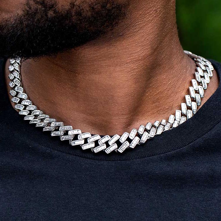 14mm Prong Baguette Cut Box Clasp Cuban Chain In White Gold Iced Out