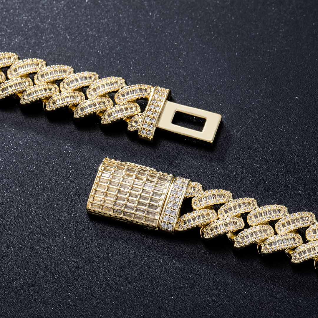 14mm Baguette & Round Cut Box Clasp Cuban Chain In Gold With Iced Out Shine - Image 3