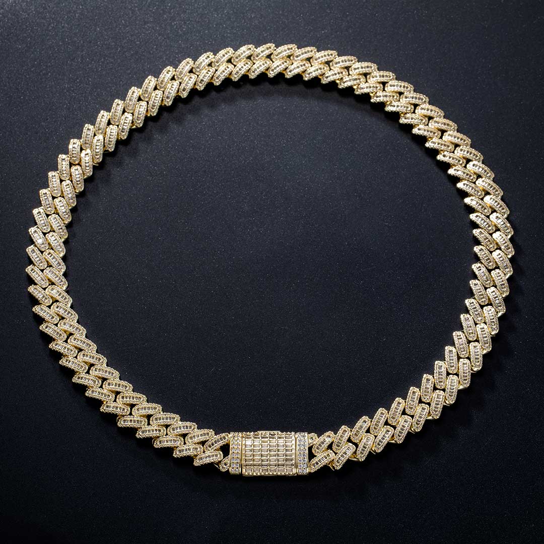 14mm Baguette & Round Cut Box Clasp Cuban Chain In Gold With Iced Out Shine - Image 4