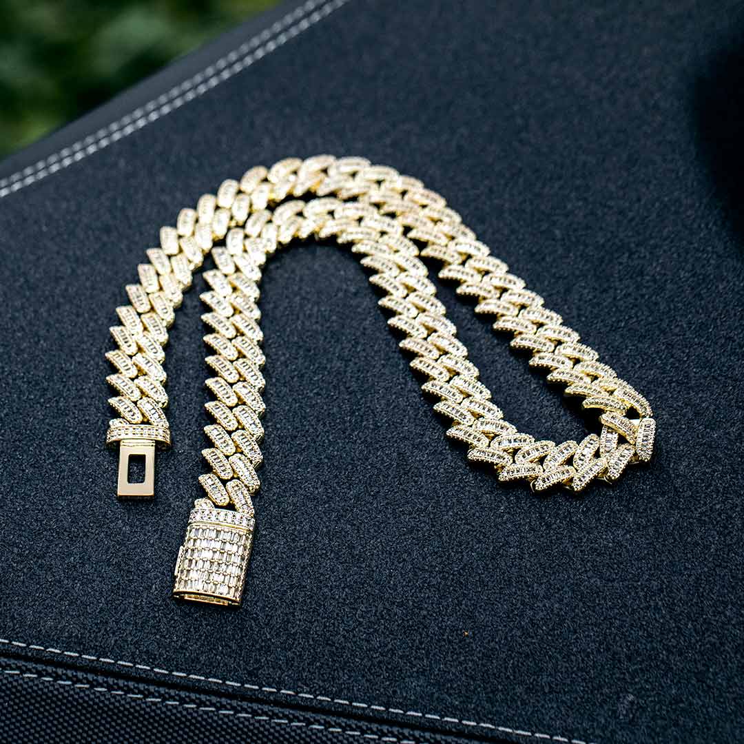 14mm Baguette & Round Cut Box Clasp Cuban Chain In Gold With Iced Out Shine - Image 5