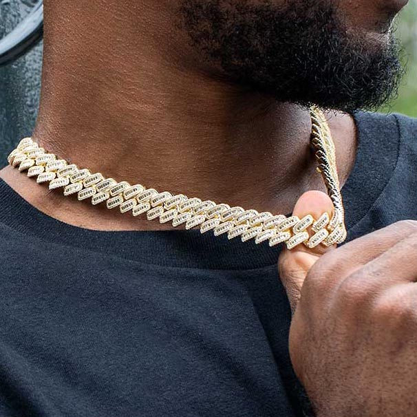 14mm Baguette & Round Cut Box Clasp Cuban Chain In Gold With Iced Out Shine