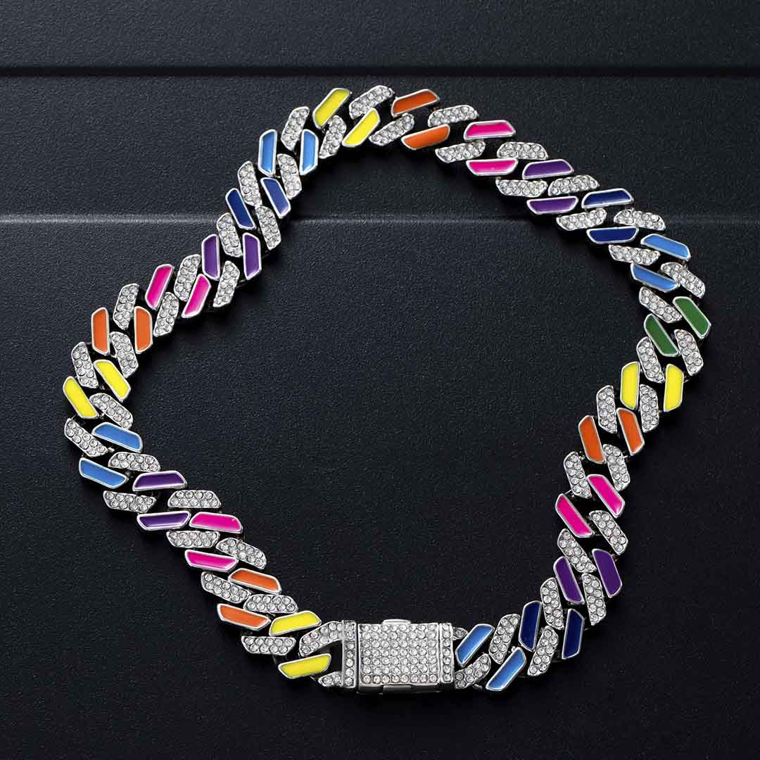 Street Luxury 11mm Multi-color Half-iced Out Cuban Chain In White Gold
