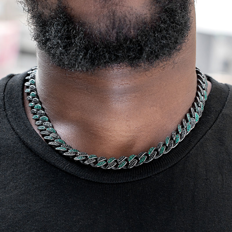 Bold Iced Out 12mm Handset Emerald & Black Stones Cuban Chain In Black Gold - Image 3