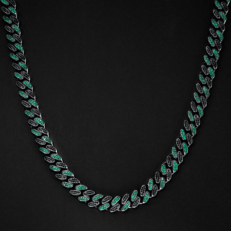 Bold Iced Out 12mm Handset Emerald & Black Stones Cuban Chain In Black Gold - Image 4