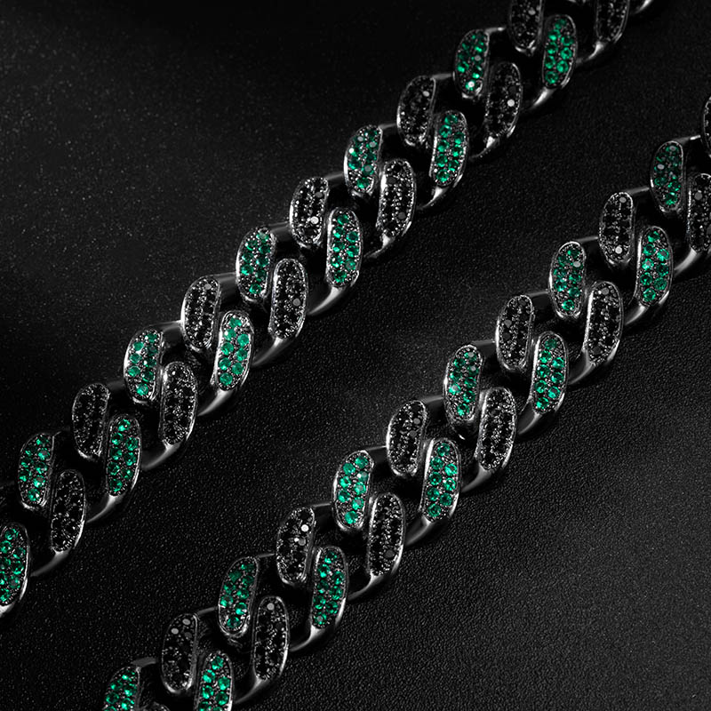 Bold Iced Out 12mm Handset Emerald & Black Stones Cuban Chain In Black Gold - Image 5