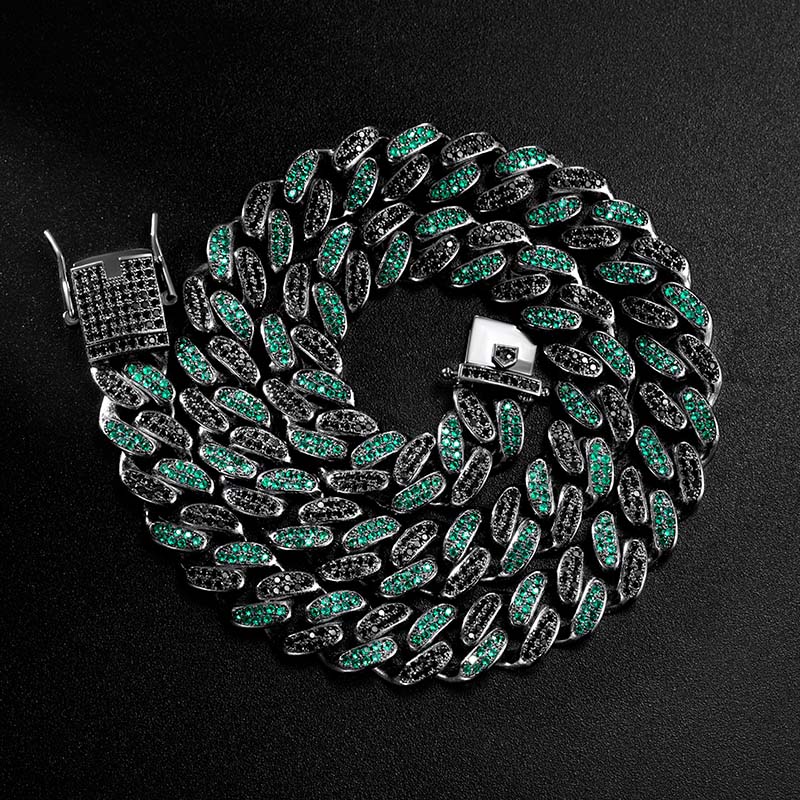 Bold Iced Out 12mm Handset Emerald & Black Stones Cuban Chain In Black Gold