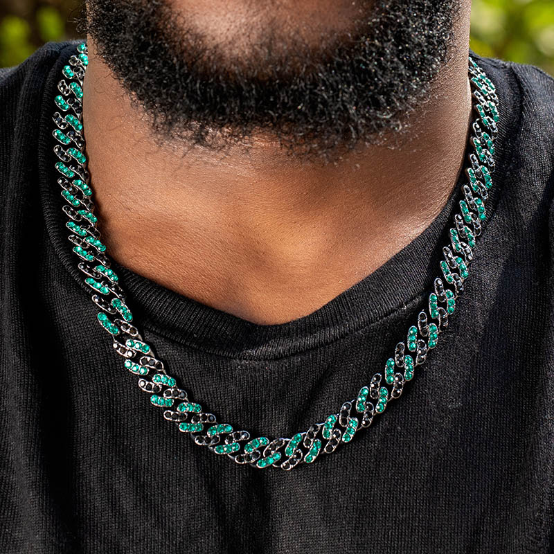 Bold Iced Out 11mm Emerald & Black Stones Cuban Chain In Black Gold