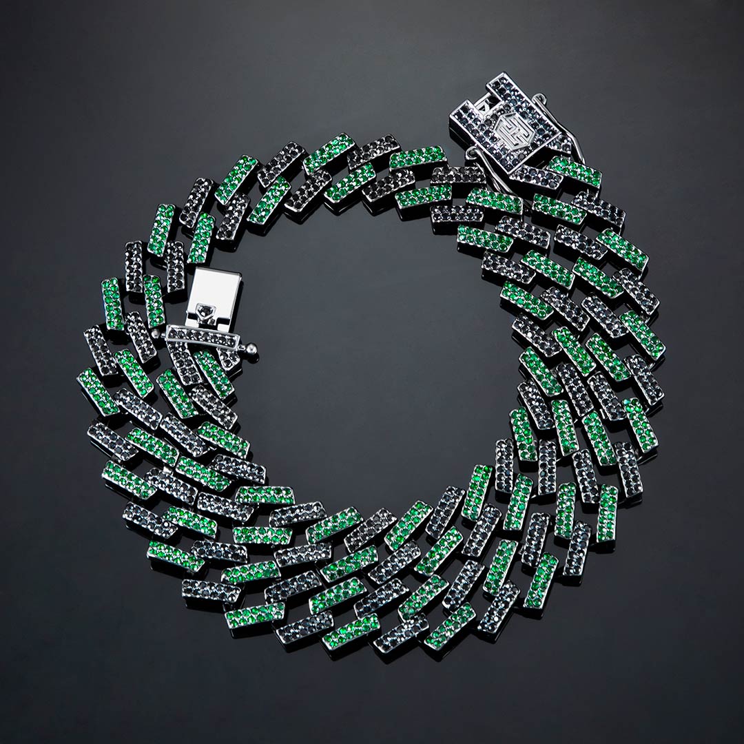 Street Luxury Iced Out 14mm Emerald & Black Prong Cuban Chain In Black Gold - Image 3