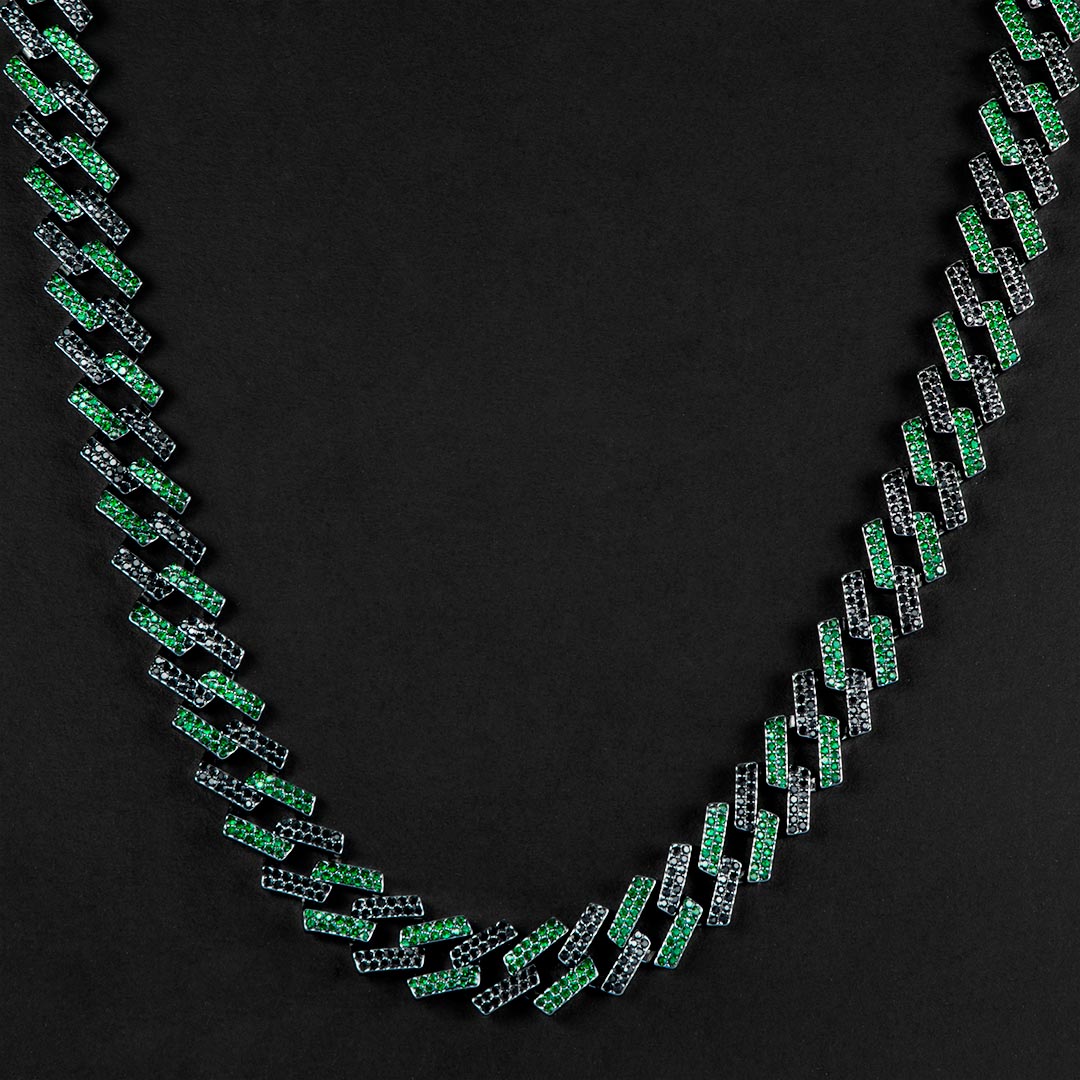 Street Luxury Iced Out 14mm Emerald & Black Prong Cuban Chain In Black Gold - Image 4