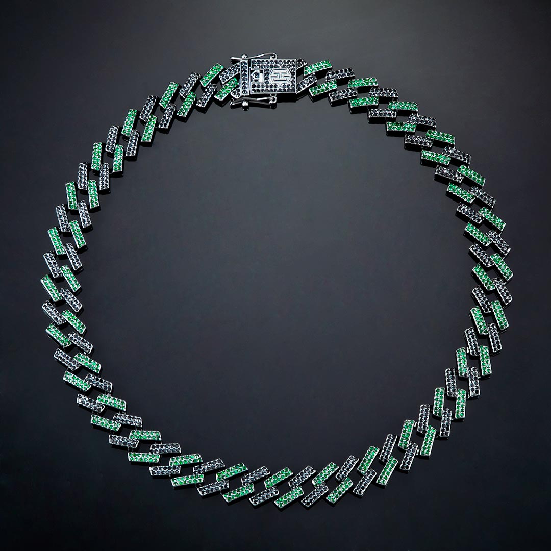 Street Luxury Iced Out 14mm Emerald & Black Prong Cuban Chain In Black Gold - Image 5