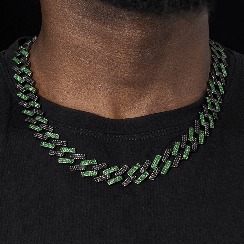 Street Luxury Iced Out 14mm Emerald & Black Prong Cuban Chain In Black Gold