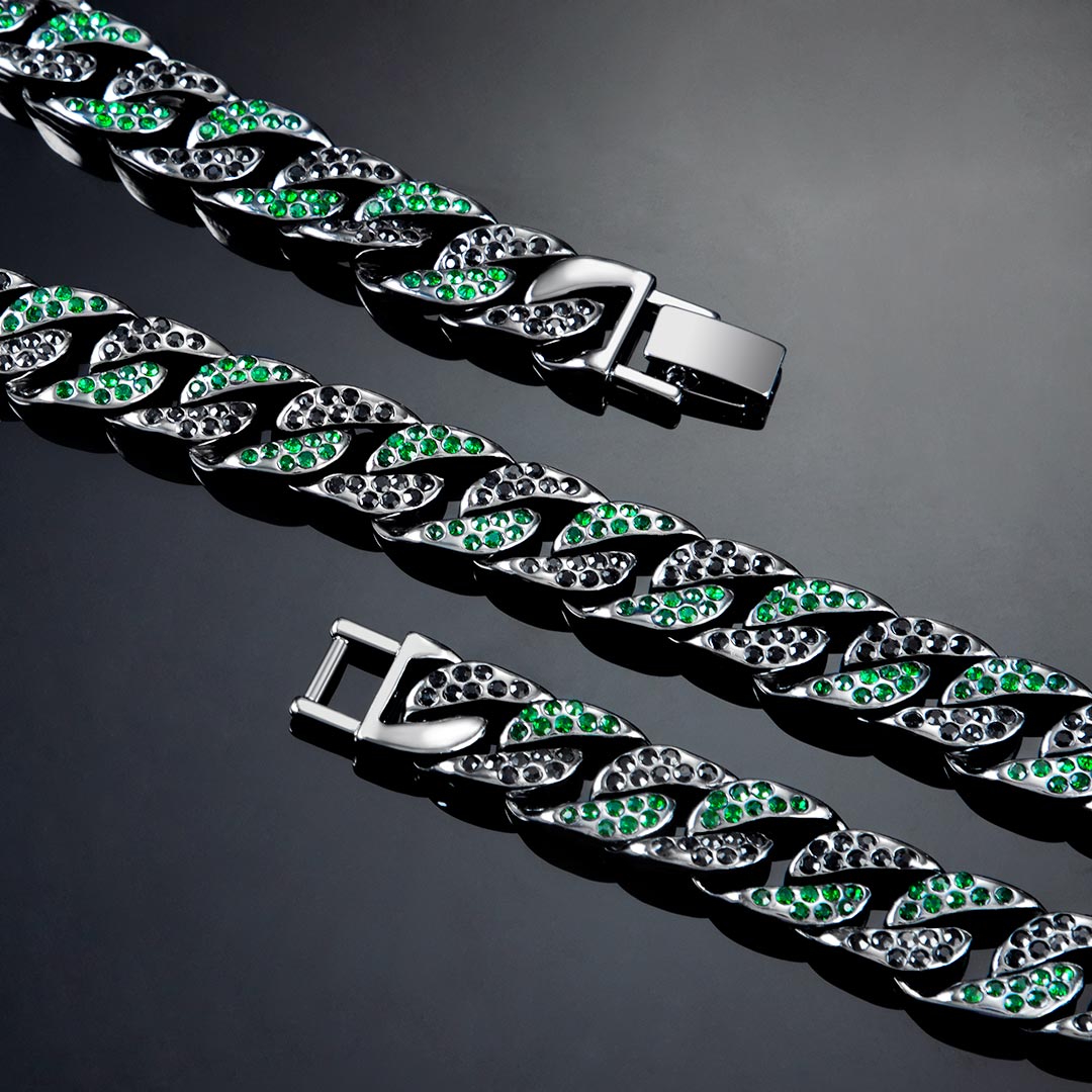Street Luxury Iced Out 13mm Emerald & Black Cuban Chain In Black Gold - Image 3