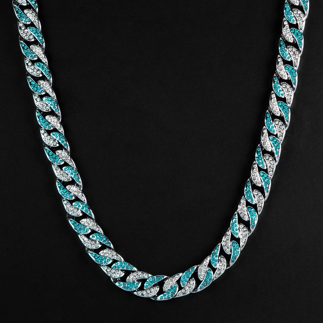 Iced Out 13mm White & Blue Cuban Chain In White Gold With Cuban Chain Shine - Image 3