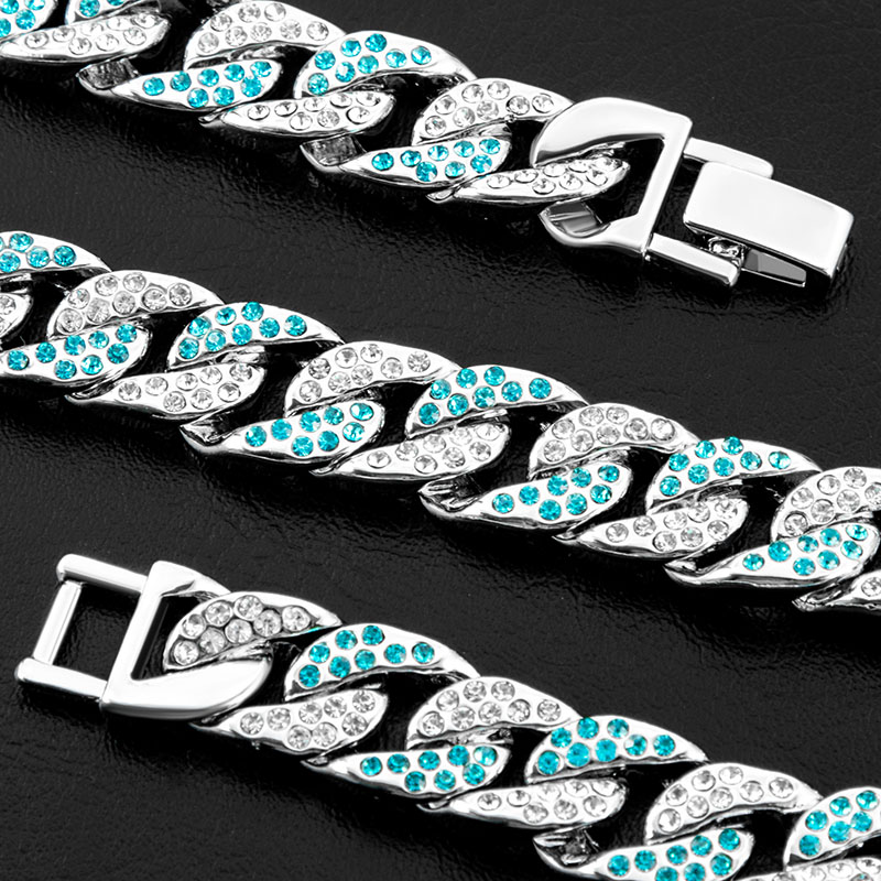 Iced Out 13mm White & Blue Cuban Chain In White Gold With Cuban Chain Shine - Image 4