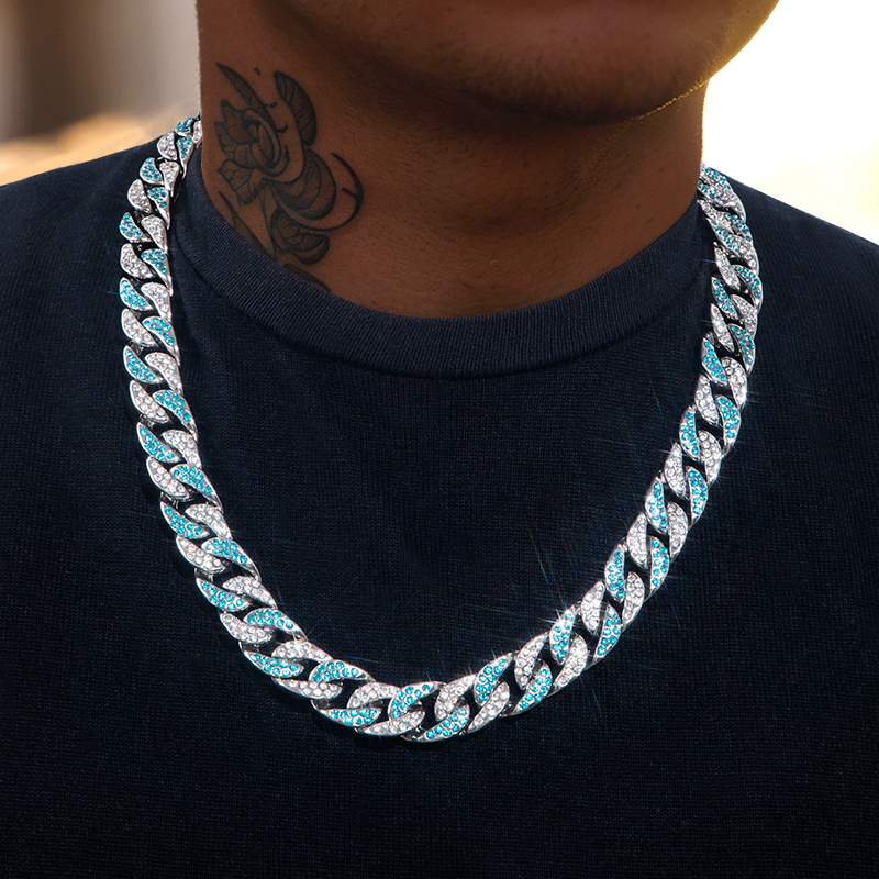 Iced Out 13mm White & Blue Cuban Chain In White Gold With Cuban Chain Shine