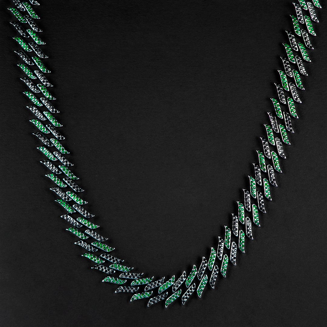 Bold Iced Out 18mm Emerald & Black Spiked Cuban Chain In Black Gold - Image 3