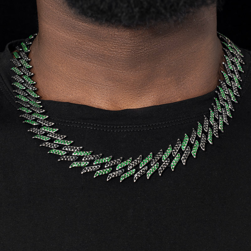 Bold Iced Out 18mm Emerald & Black Spiked Cuban Chain In Black Gold
