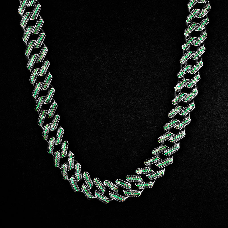 Iced Out 20mm Emerald & Black Cuban Chain With Big Box Clasp Gold