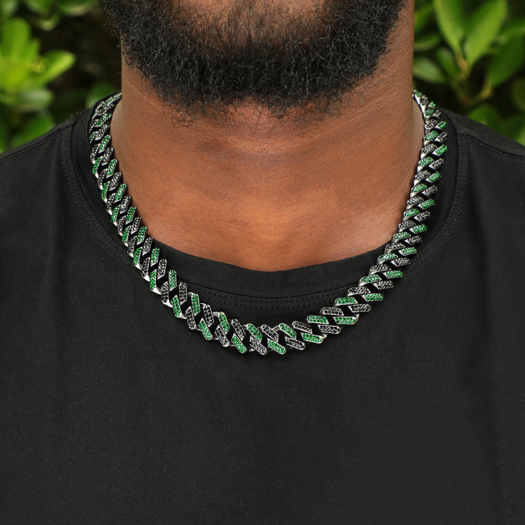 Iced Out 13mm Emerald & Black Cuban Chain With Box Clasp Gold