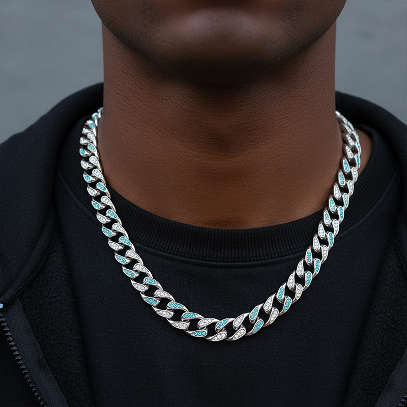 Iced Out 10mm Teardrop Blue & White Miami Cuban Chain Gold - Image 5