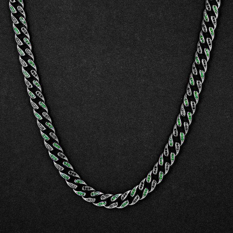 Iced Out 10mm Teardrop Emerald & Black Miami Cuban Chain Gold