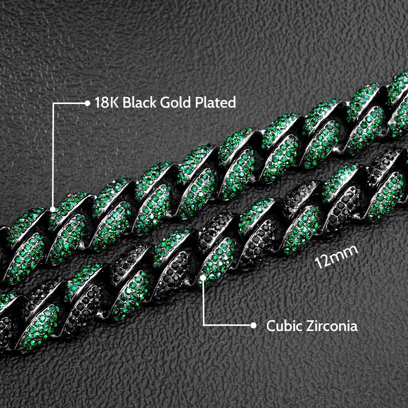 12mm Emerald Micro Paved Cuban Chain In Black Gold With Street Luxury Shine - Image 3