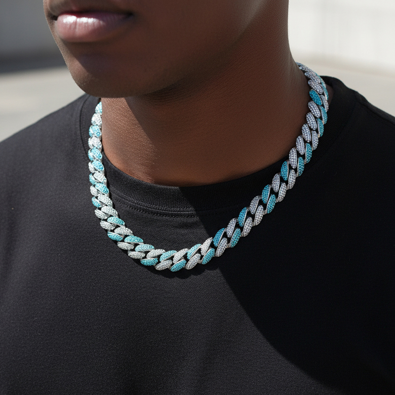 12mm Pink/blue Micro Paved Cuban Chain Gold With Street Luxury Shine - Image 3