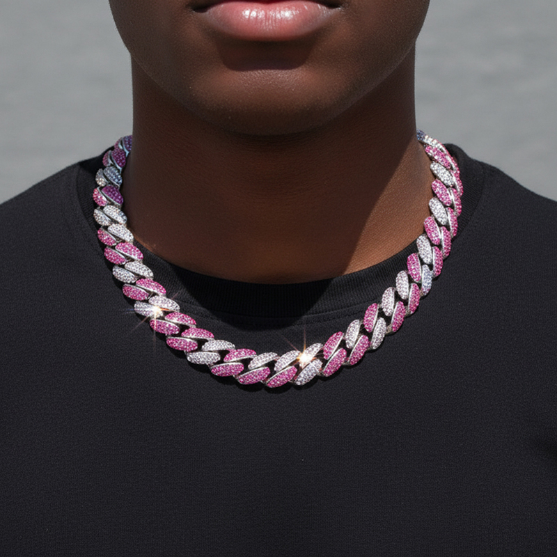 12mm Pink/blue Micro Paved Cuban Chain Gold With Street Luxury Shine - Image 4