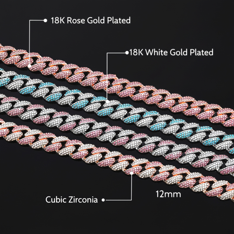 12mm Pink/blue Micro Paved Cuban Chain Gold With Street Luxury Shine - Image 5