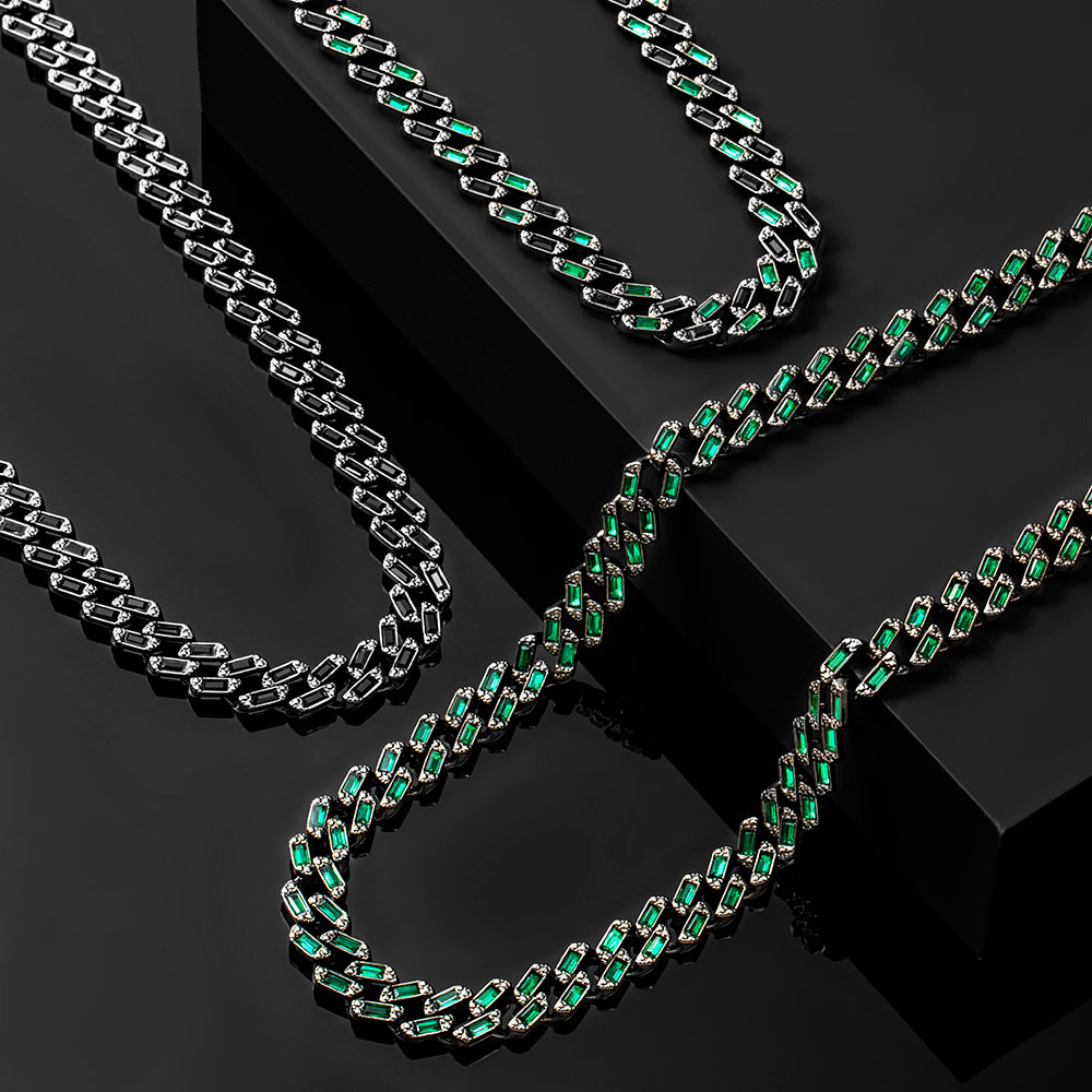 Street Luxury 11mm Emerald & Black Baguette Cut Cuban Chain In Black Gold