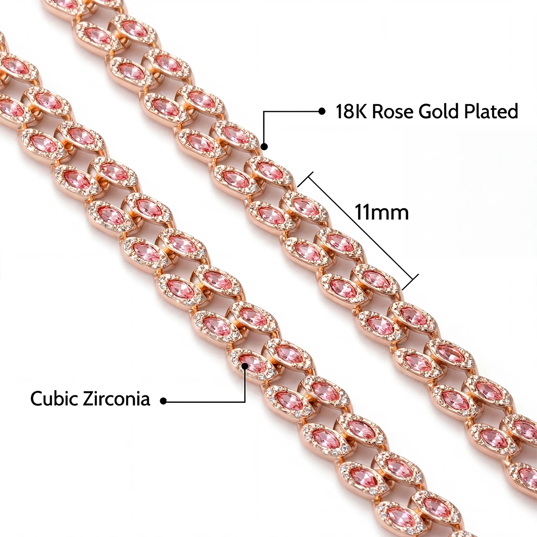 11mm Pink Marquise Cut Cuban Chain In Rose Gold With Street Luxury Shine - Image 4