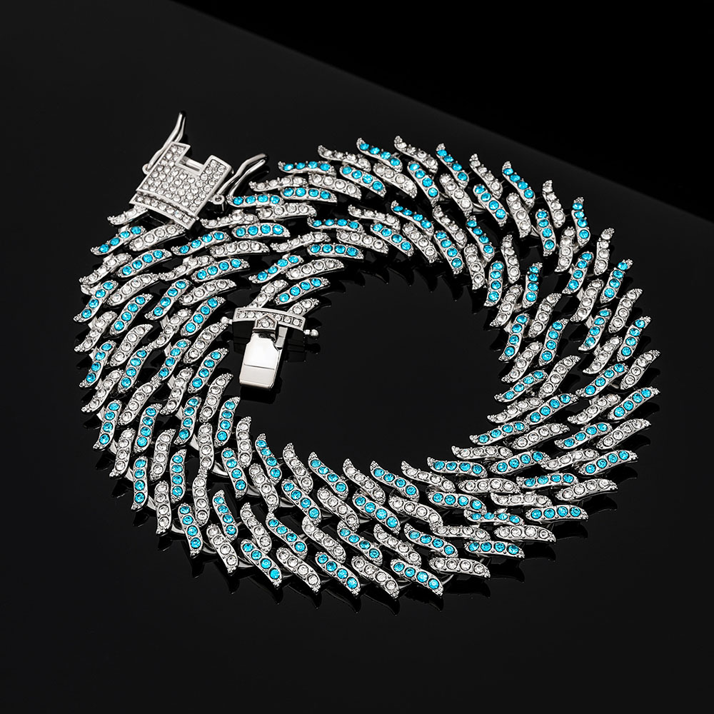 Street Luxury 14mm Blue&white Iced Out Spiked Cuban Chain In White Gold