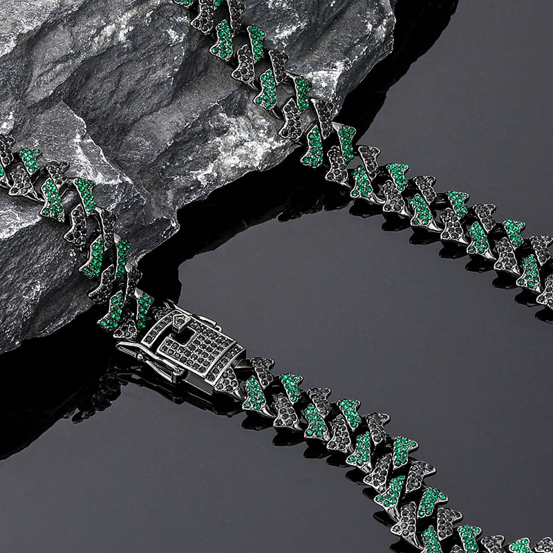 14mm Emerald & Black Iced Out Cuban Spiked Chain In Black Gold Cuban Chain - Image 4
