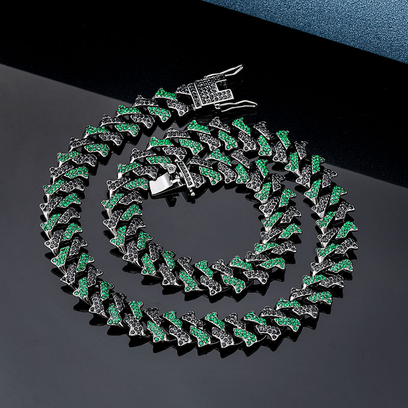 14mm Emerald & Black Iced Out Cuban Spiked Chain In Black Gold Cuban Chain