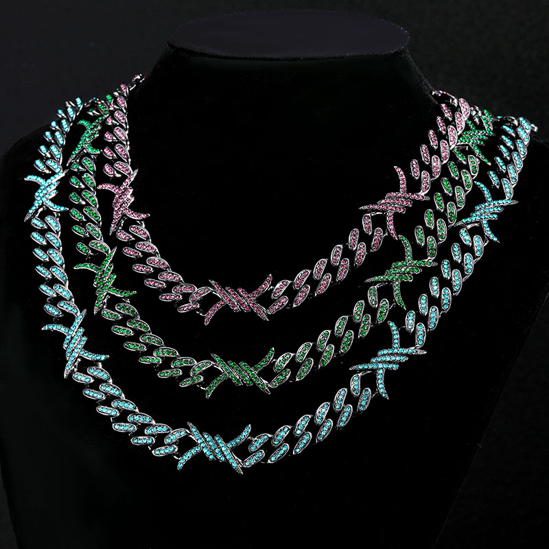10mm Iced Out Cuban Barb Wire Chain-emerald/black/blue/yellow/purple/white