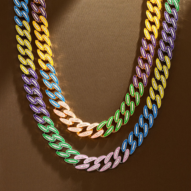 14mm Iced Out Glow In The Dark Multi-color Enamel Miami Cuban Chain Gold