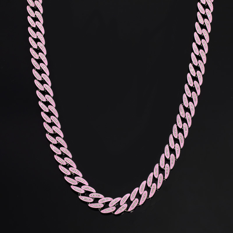 14mm Iced Out Glow In The Dark Pink Enamel Miami Cuban Chain In White Gold