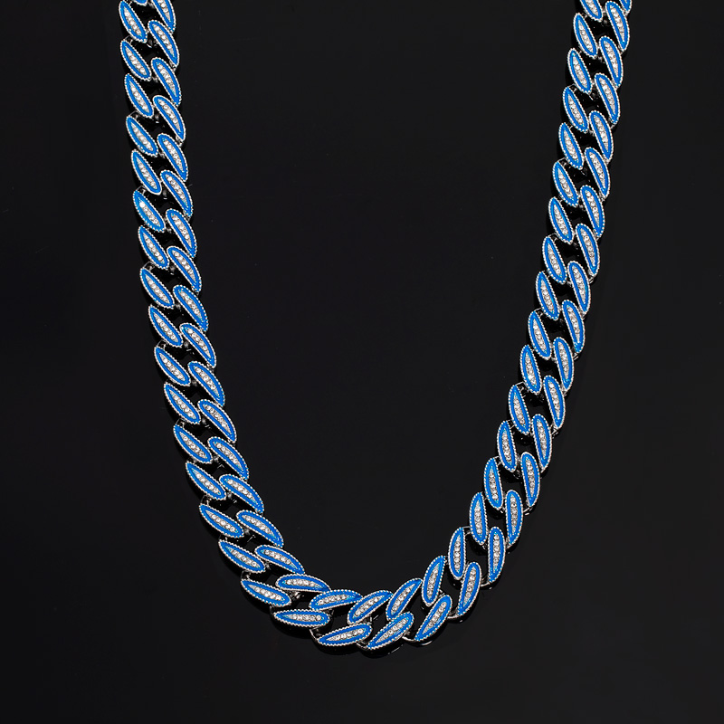 Street Luxury 14mm Iced Out Blue Enamel Miami Cuban Chain In White Gold