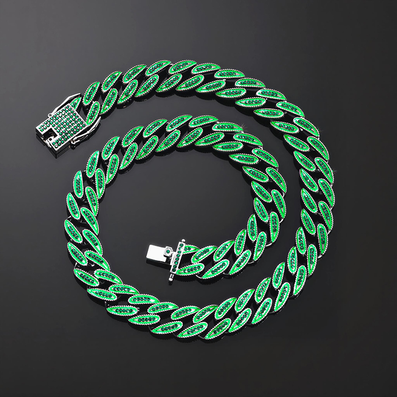 14mm Iced Out Glow In The Dark Green Enamel Miami Cuban Chain In Black Gold - Image 3