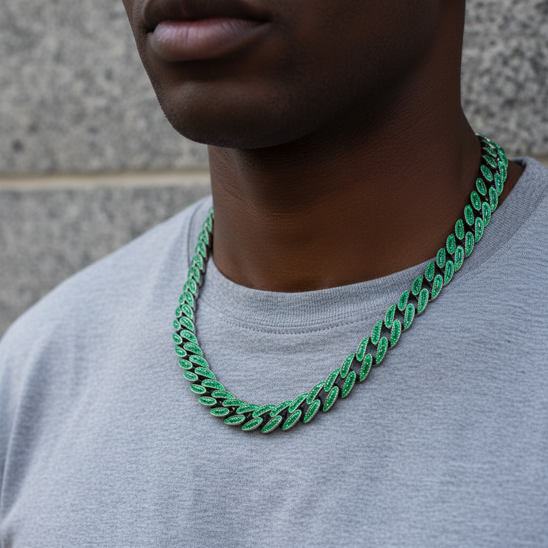 14mm Iced Out Glow In The Dark Green Enamel Miami Cuban Chain In Black Gold - Image 4