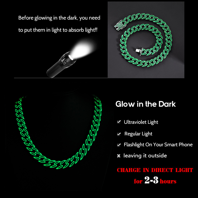 14mm Iced Out Glow In The Dark Green Enamel Miami Cuban Chain In Black Gold - Image 5