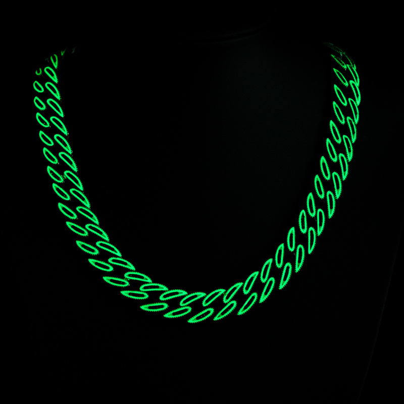 14mm Iced Out Glow In The Dark Green Enamel Miami Cuban Chain In Black Gold