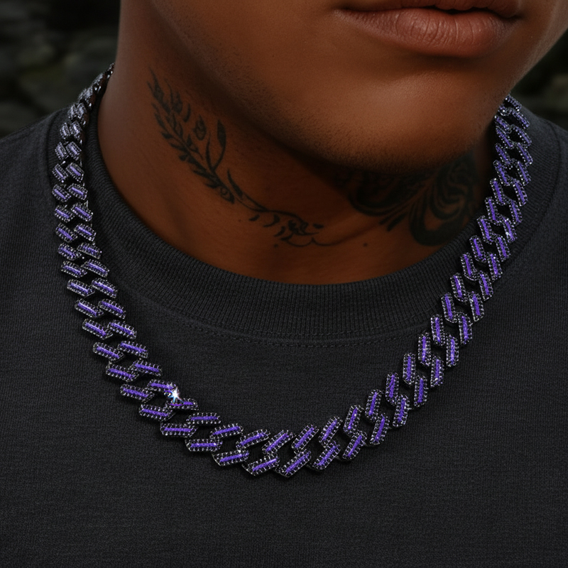 15mm Iced Out Purple Enamel Miami Cuban Chain Gold With Street Luxury Shine